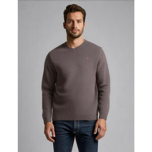 Tommy Hilfiger Men's Brown V-Neck Sweater XL Embroidered Logo Ribbed Cuffs & Hem
